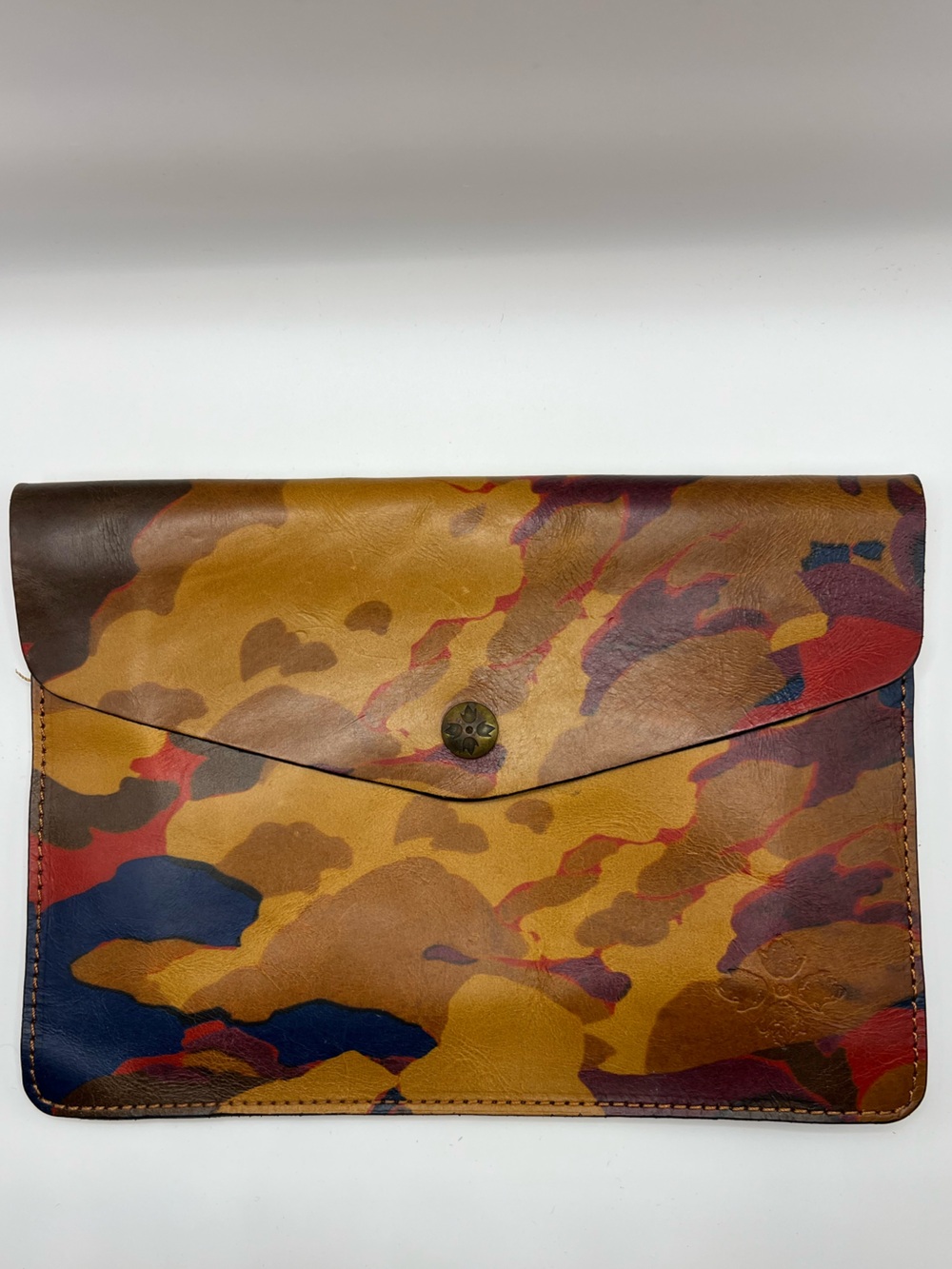 Patricia Nash Multicolor Camo Leather Envelope Clutch - Tan, Brown, Navy, Red